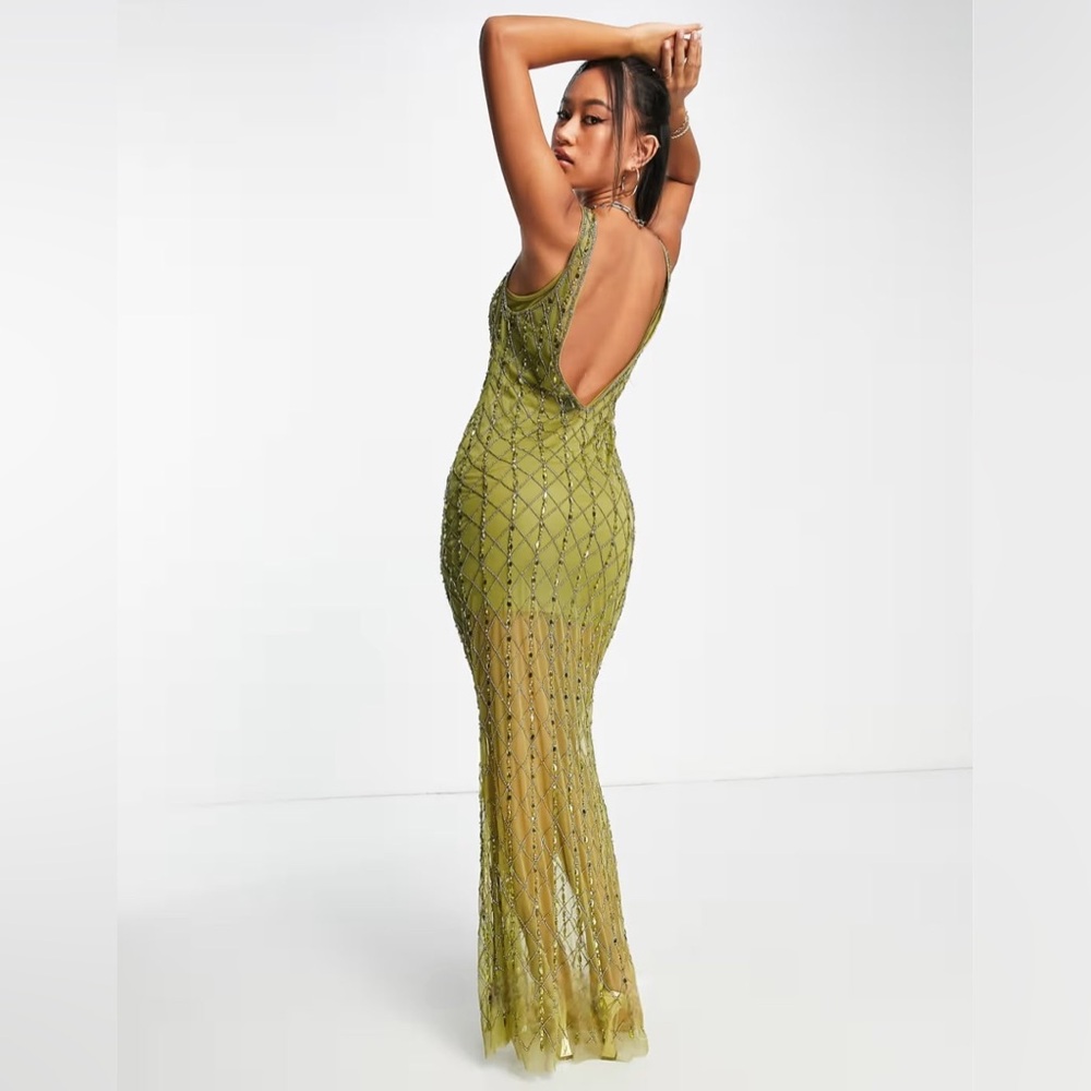 NWT ASOS All Over Embellished Sequin Beaded Maxi Slip Dress in Olive Sz 6 - Picture 3 of 5